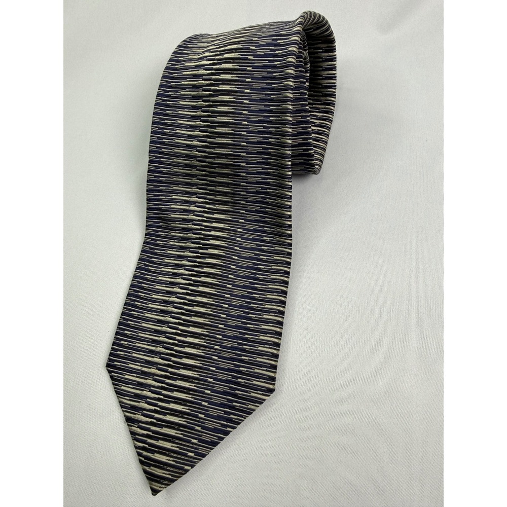 BMW Mens Silk Tie Navy Blue Tan Geometric Stripe Made in Italy Accessory